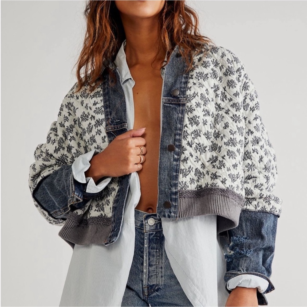 Free People Ditsy Denim Quilted Dolman Jacket Oversized